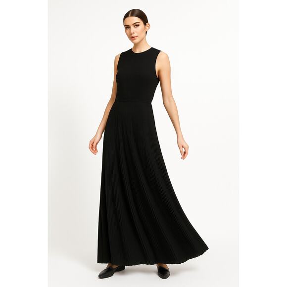 St. John Black Pleated Open Back Sleeveless Knit Maxi Dress Size 12 - Picture 1 of 7
